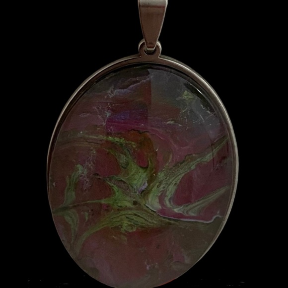 Mauves and Greens Fluid Art Large Oval Necklace - Picture 1 of 1